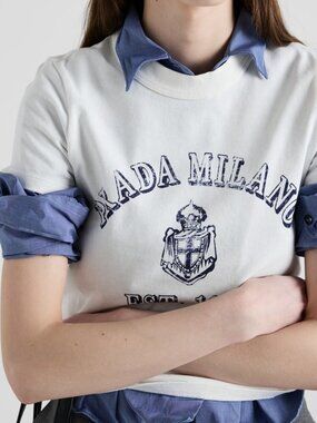 PRADA White Cotton Navy College Logo Distressed Print Knit Jersey Top T-Shirt M